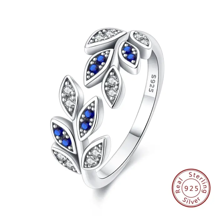 Anillos Anillos originales de Plata de Ley 925, anillos de hojas de circón azul brillante, tamaño 7-9 para mujeres, joyería de cumpleaños, regalos de Festival 1