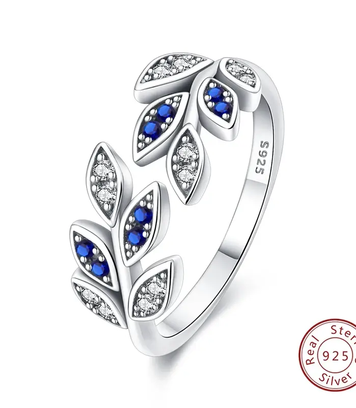 Anillos Anillos originales de Plata de Ley 925, anillos de hojas de circón azul brillante, tamaño 7-9 para mujeres, joyería de cumpleaños, regalos de Festival 1