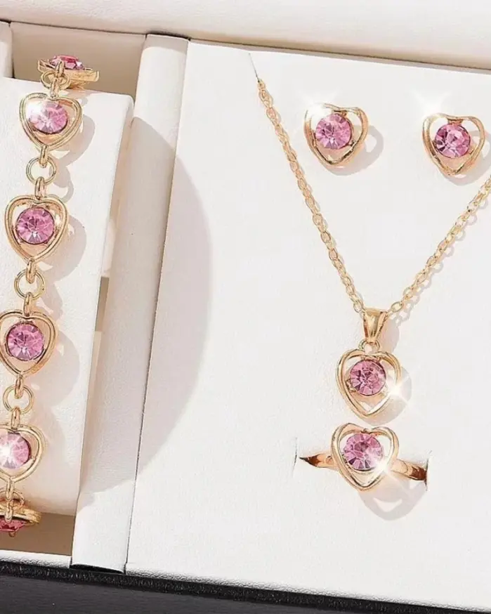 Conjunto de 4 Uds. De collar de cristal con forma de corazón para mujer, pulsera, anillo, pendiente, exquisito conjunto de joyería para fiesta y boda, regalo de vacaciones 1