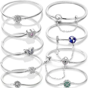 Pulseras de plata 925 originales, trébol de cuatro hojas, mariposa, corazón, pulsera compatible con abalorios DIY, joyería de moda de 17-20CM 1
