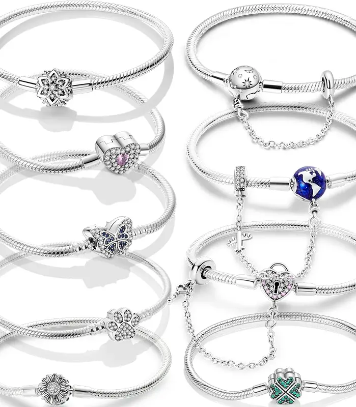 Pulseras de plata 925 originales, trébol de cuatro hojas, mariposa, corazón, pulsera compatible con abalorios DIY, joyería de moda de 17-20CM 1
