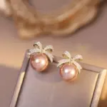 Pendientes brillantes con lazo de diamantes de imitación y perlas, joyería ligera de lujo, regalos para mujer, boda y cumpleaños 2