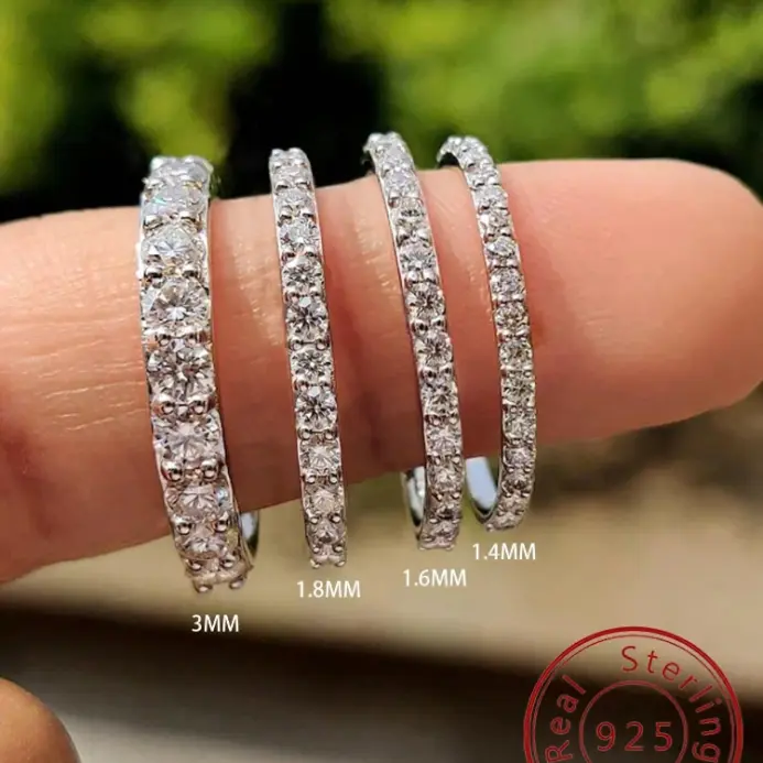 Anillo de Plata de Ley 925 de lujo a la moda de 1,4 MM 1,6 MM 1,8 MM con circonita completa para mujer compromiso boda joyería fina de alta calidad 1
