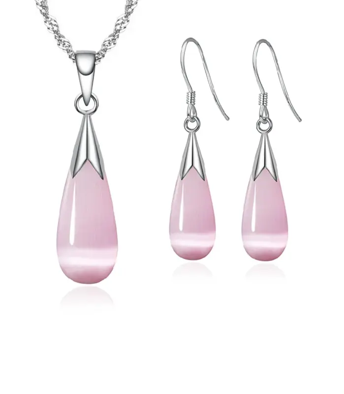 Conjunto de joyería pura, Plata de Ley 925 Simple, Color blanco, rosa, gota de agua, ópalo, ojo de gato, colgante de piedra, collar/pendientes de gancho/cadena 1