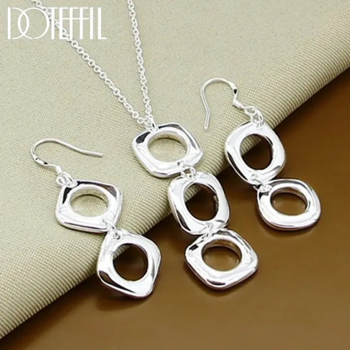 Conjunto de pendientes y collar cuadrado redondo de Plata de Ley 925 para mujer, joyería con dijes de moda para fiesta de compromiso y boda 1
