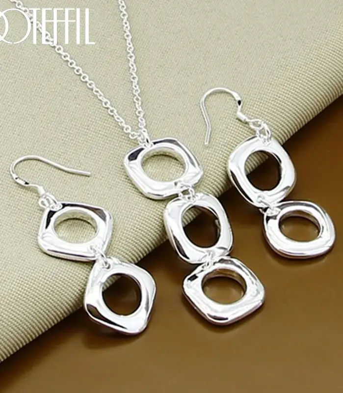 Conjunto de pendientes y collar cuadrado redondo de Plata de Ley 925 para mujer, joyería con dijes de moda para fiesta de compromiso y boda 1