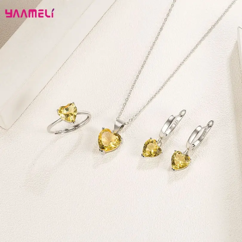 Conjuntos de regalo de joyería fina de Plata de Ley 925 para mujer, pendientes Huggie de circón con corazón romántico, colgante, collar, anillo 6