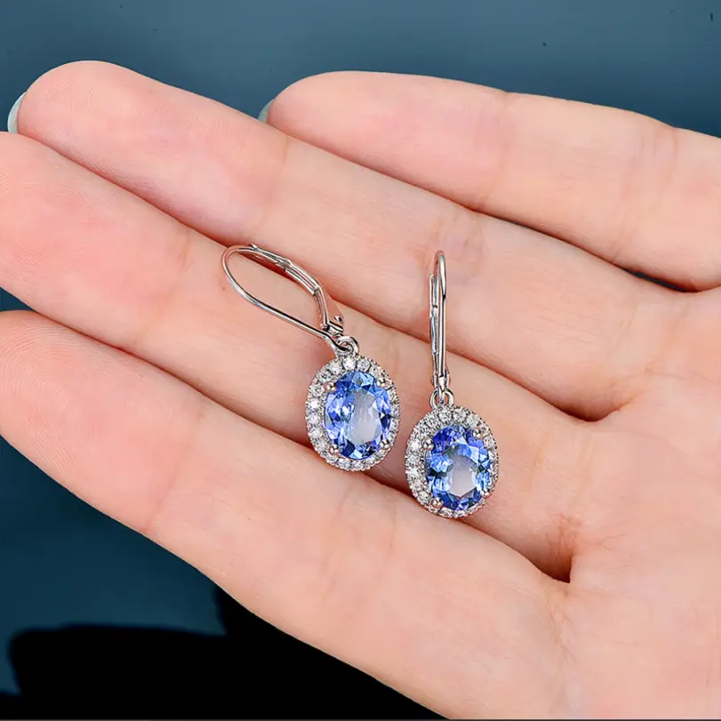 Huitan-pendientes colgantes de lujo para mujer, ovalados, azules, CZ, accesorios nobles para mujer, pendientes elegantes para fiesta, joyería de moda para uso diario 5