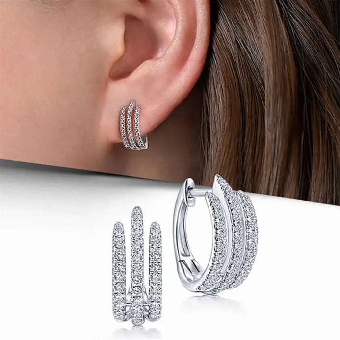 pendientes de aro sencillos de tres líneas para mujer, Mini pendientes circulares de circonia cúbica de cristal de lujo, joyería moderna de moda 1
