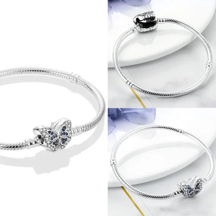 Pulseras de plata 925 originales, trébol de cuatro hojas, mariposa, corazón, pulsera compatible con abalorios DIY, joyería de moda de 17-20CM 2