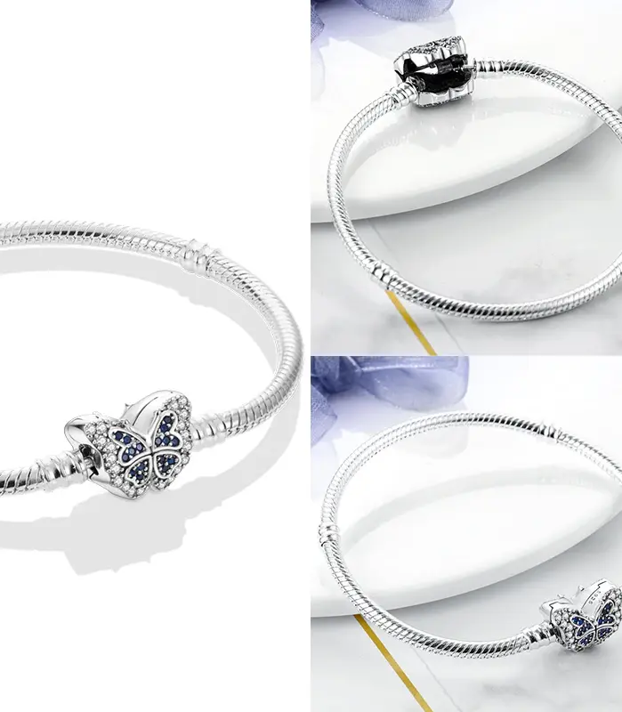 Pulseras de plata 925 originales, trébol de cuatro hojas, mariposa, corazón, pulsera compatible con abalorios DIY, joyería de moda de 17-20CM 2