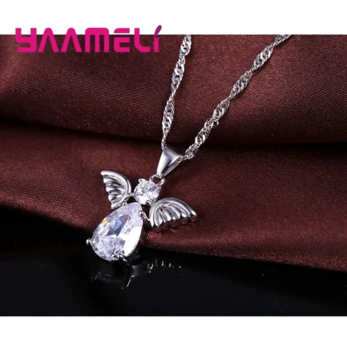 Venta promociones, bonitos conjuntos de joyería con forma de Ángel, cristal, Plata de Ley 925, colgante de Color, collar y pendientes, conjunto de cumpleaños para mujer 2