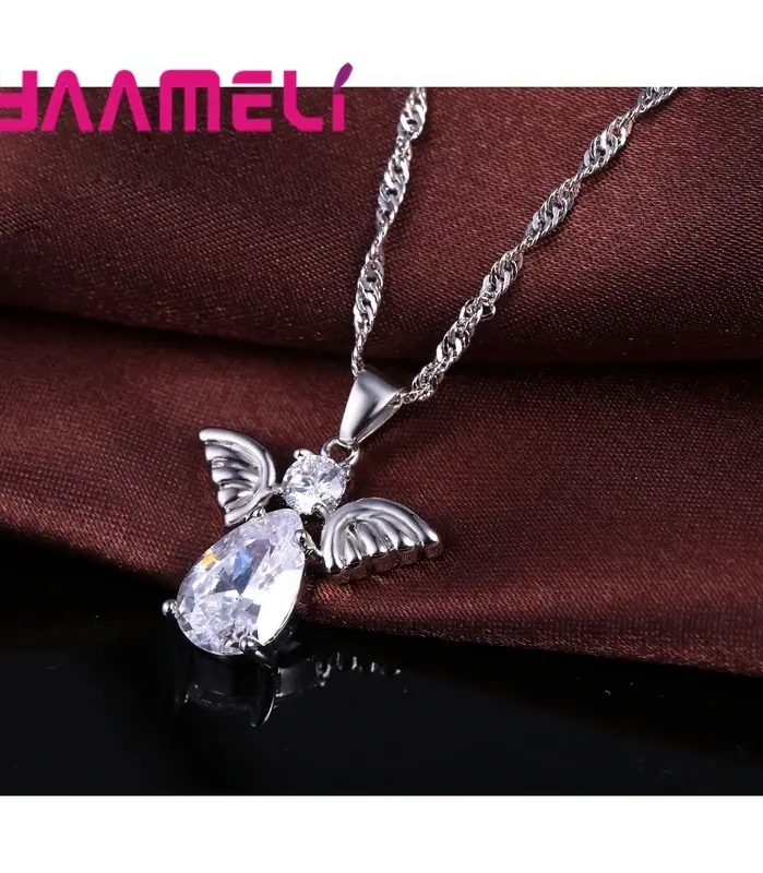 Venta promociones, bonitos conjuntos de joyería con forma de Ángel, cristal, Plata de Ley 925, colgante de Color, collar y pendientes, conjunto de cumpleaños para mujer 2