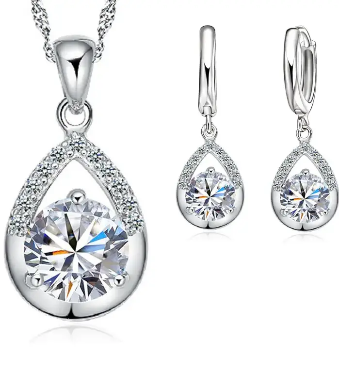 Gran oferta de conjuntos de joyería nupcial, collares de gota de agua de cristal de Color Plata de Ley 925, pendientes de aro para mujer, fiesta de compromiso 1