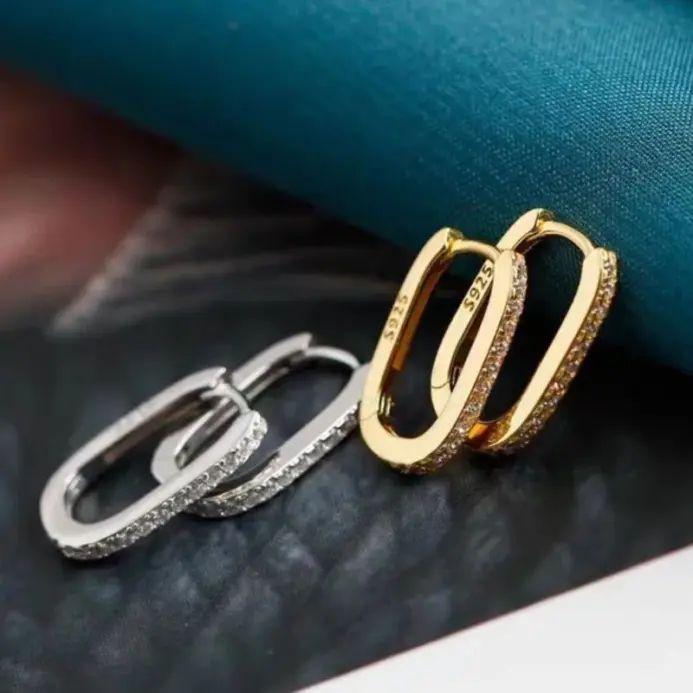 Pendientes de aro en forma de U con circonita con microincrustaciones de Color plateado para mujer, pendientes cuadrados simples, accesorios de joyería para oreja con temperamento 1