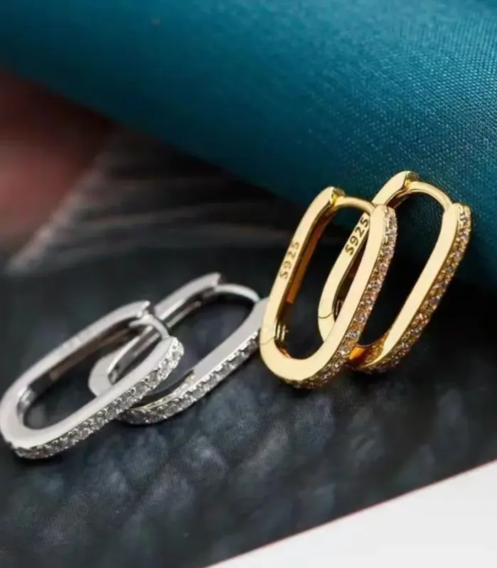 Pendientes de aro en forma de U con circonita con microincrustaciones de Color plateado para mujer, pendientes cuadrados simples, accesorios de joyería para oreja con temperamento 1