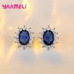 Auténtica Plata de Ley 925 chapada en plata para mujer, conjuntos de joyería de compromiso de boda, collar de cristal de circón ovalado de princesa, anillo y pendientes 15
