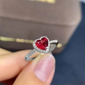 Anillos de compromiso clásicos de corazón de Color plateado para mujer, incrustaciones de piedra CZ blanca y roja, joyería de moda, regalo de fiesta de boda 1