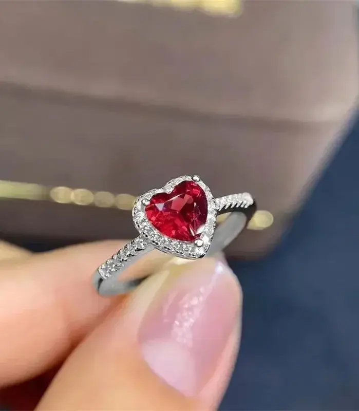 Anillos de compromiso clásicos de corazón de Color plateado para mujer, incrustaciones de piedra CZ blanca y roja, joyería de moda, regalo de fiesta de boda 1