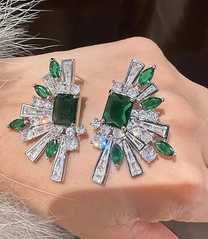 pendientes geométricos de lujo para mujer, con incrustaciones de circonia cúbica verde/blanca, accesorios de boda para fiesta, joyería elegante, regalo 1