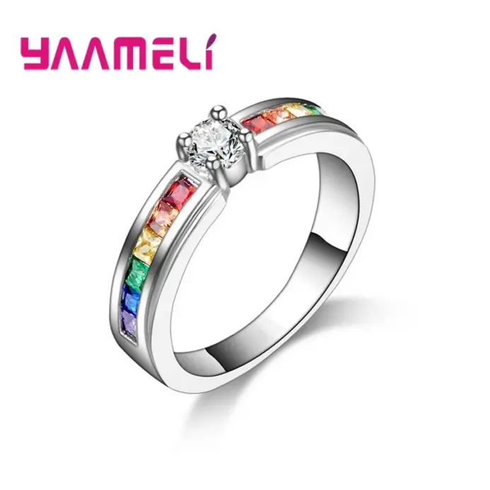 Anillos de circón cúbico de arcoíris para mujer, 100% Plata de Ley 925 auténtica, accesorio de anillo de propuesta de compromiso encantadora para boda 2