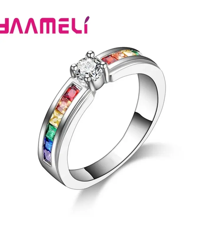Anillos de circón cúbico de arcoíris para mujer, 100% Plata de Ley 925 auténtica, accesorio de anillo de propuesta de compromiso encantadora para boda 2