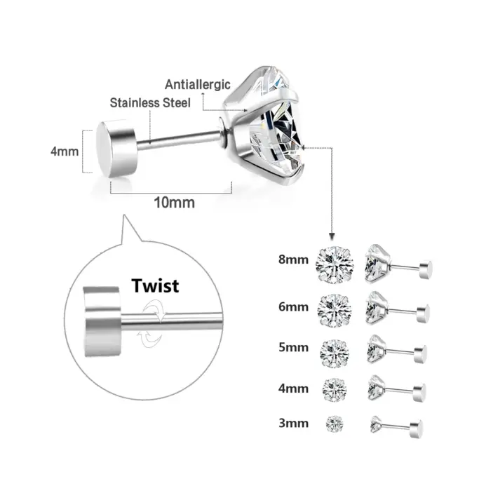 1 par/2 uds., pendientes de cristal de acero inoxidable para mujeres y hombres, joyería para las orejas de circonia cúbica transparente redonda de 4 puntas para el trago 2