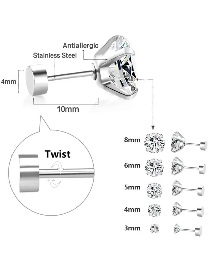 1 par/2 uds., pendientes de cristal de acero inoxidable para mujeres y hombres, joyería para las orejas de circonia cúbica transparente redonda de 4 puntas para el trago 2