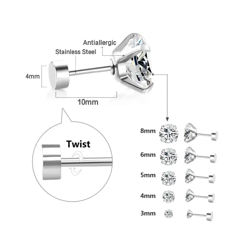 1 par/2 uds., pendientes de cristal de acero inoxidable para mujeres y hombres, joyería para las orejas de circonia cúbica transparente redonda de 4 puntas para el trago 2