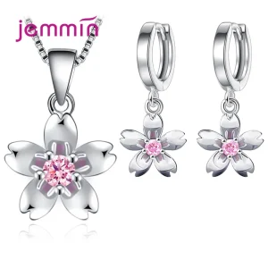 Conjuntos de Plata de Ley 925 elegantes coreanos para mujer, collares de flores, pendientes colgantes con Piercing para boda, amantes de la joyería de fiesta 1