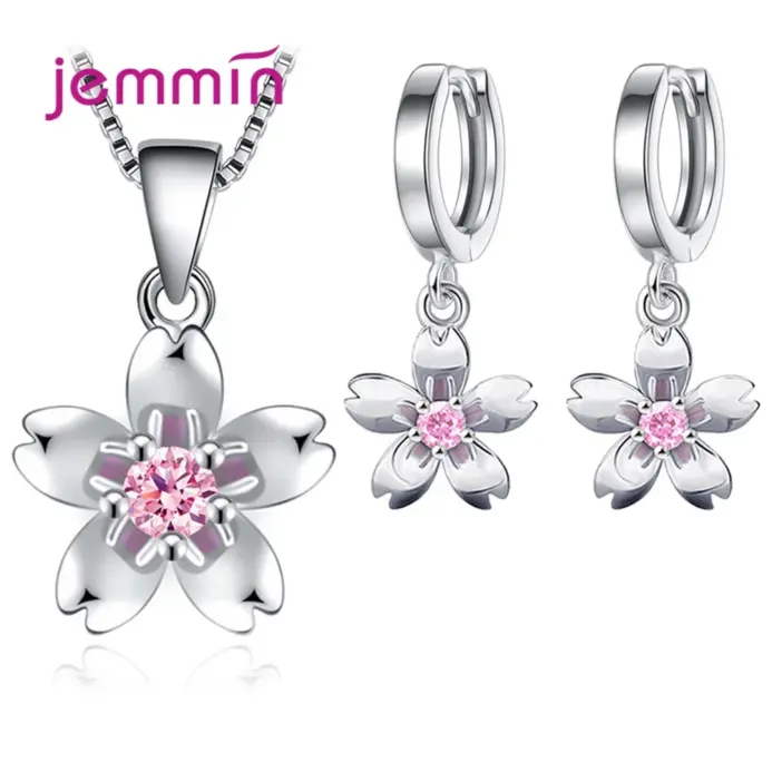 Conjuntos de Plata de Ley 925 elegantes coreanos para mujer, collares de flores, pendientes colgantes con Piercing para boda, amantes de la joyería de fiesta 1