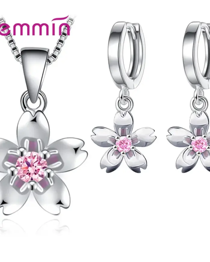 Conjuntos de Plata de Ley 925 elegantes coreanos para mujer, collares de flores, pendientes colgantes con Piercing para boda, amantes de la joyería de fiesta 1