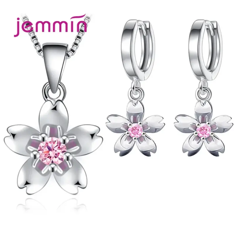 Conjuntos de Plata de Ley 925 elegantes coreanos para mujer, collares de flores, pendientes colgantes con Piercing para boda, amantes de la joyería de fiesta 1