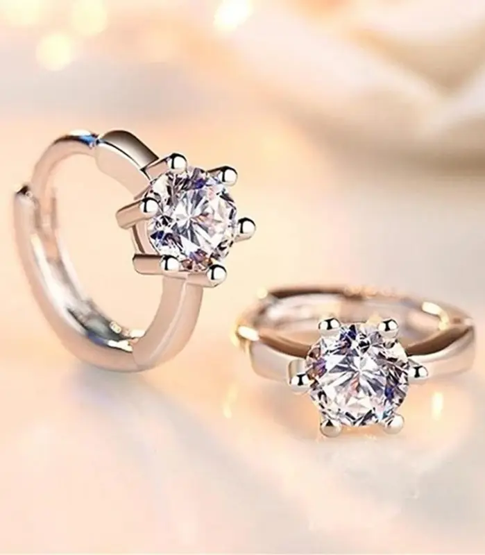 pendientes de aro pequeños y sencillos con incrustaciones clásicas, solitario de 6 puntas, circonita brillante, accesorios elegantes, pendientes de uso diario para mujer 2