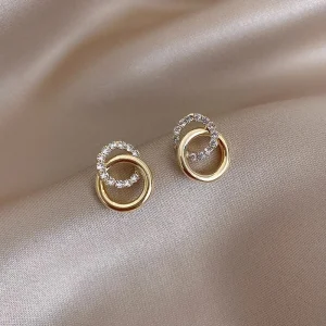 Pendientes geométricos de doble aro de Color dorado, pendientes de diamantes de imitación con incrustaciones brillantes, joyería de lujo ligera a la moda para mujer 1