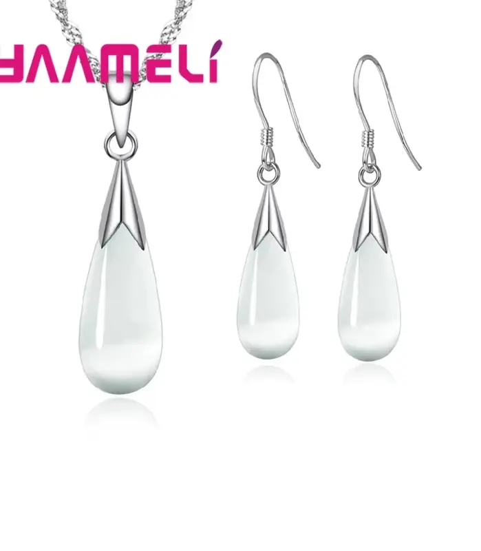Conjunto de joyería pura, Plata de Ley 925 Simple, Color blanco, rosa, gota de agua, ópalo, ojo de gato, colgante de piedra, collar/pendientes de gancho/cadena 2