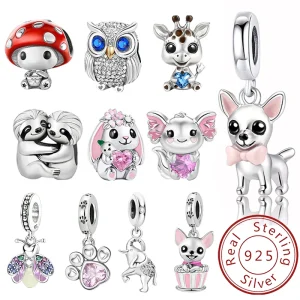 Abalorios de Plata de Ley 925 con mancuernas de animales, bonitos abalorios de perro rosa aptos para pulsera Diy, fabricación de brazaletes, regalo de joyería de alta calidad 1