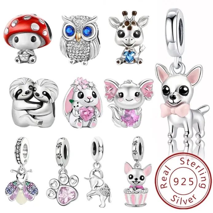 Abalorios de Plata de Ley 925 con mancuernas de animales, bonitos abalorios de perro rosa aptos para pulsera Diy, fabricación de brazaletes, regalo de joyería de alta calidad 1