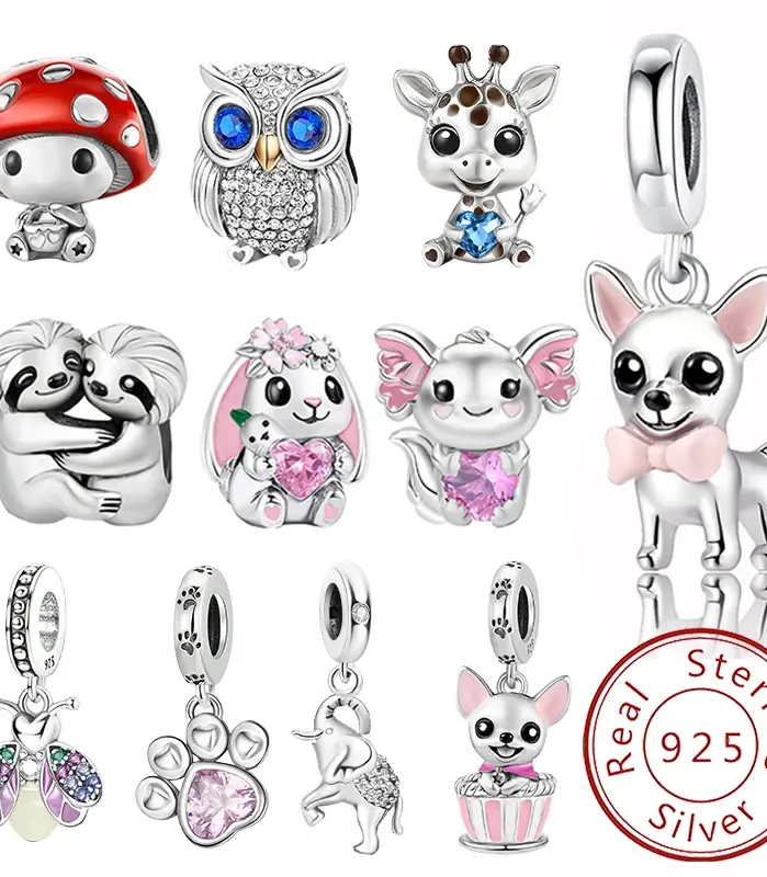 Abalorios de Plata de Ley 925 con mancuernas de animales, bonitos abalorios de perro rosa aptos para pulsera Diy, fabricación de brazaletes, regalo de joyería de alta calidad 1