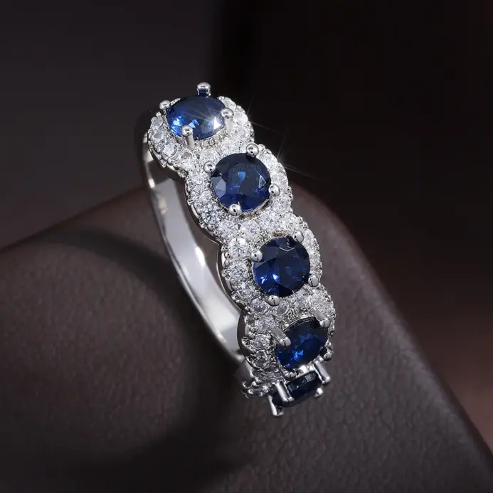 Classic-anillos de cobre redondos de circonita cúbica azul para mujeres y niñas, Color plateado, accesorios de dedos de cristal de Metal, regalos de joyería 2
