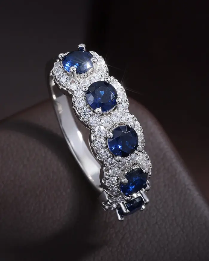 Classic-anillos de cobre redondos de circonita cúbica azul para mujeres y niñas, Color plateado, accesorios de dedos de cristal de Metal, regalos de joyería 2
