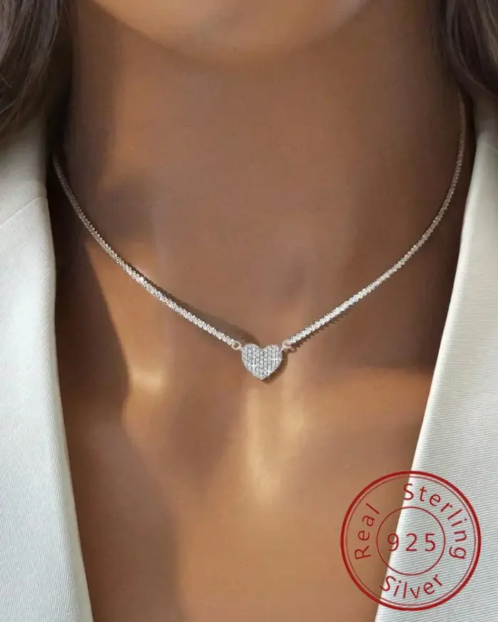 Collar de corazón de amor repleto de circonita para mujer, de Plata de Ley 925, joyería fina de lujo de alta calidad para compromiso y boda 1