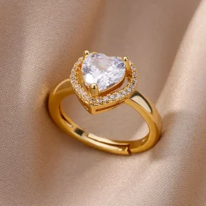 Anillos de corazón de acero inoxidable para mujer, anillo ajustable de corazón chapado en oro con circonita, accesorios para fiesta de boda, regalo de joyería 2023 1