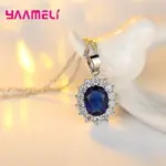 Auténtica Plata de Ley 925 chapada en plata para mujer, conjuntos de joyería de compromiso de boda, collar de cristal de circón ovalado de princesa, anillo y pendientes 16