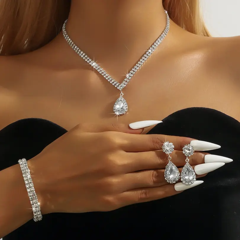 Cadena de garra de cobre para mujer, collar de gota de agua, pendientes, pulsera, conjunto de joyas, regalo de Festival de banquete de boda, moda de temporada de boda 10