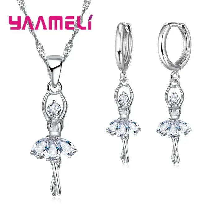 Conjuntos de joyería de alta gama para mujer, figura de Ballet para niñas, collar y pendientes de aro de Color Plata de Ley 925 habituales 2