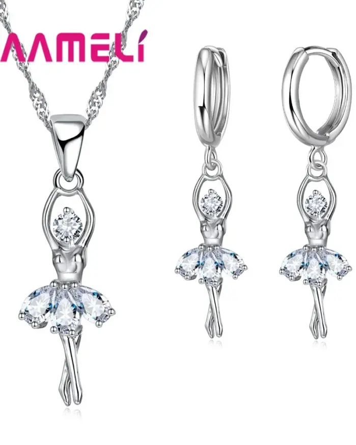 Conjuntos de joyería de alta gama para mujer, figura de Ballet para niñas, collar y pendientes de aro de Color Plata de Ley 925 habituales 2