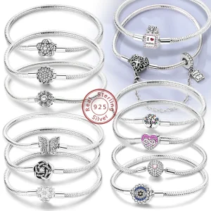Pulseras de plata de ley 925 originales, 17-20CM, amor, corazón, flores, mariposa, dijes, pulsera de cuentas para mujer, regalo de joyería de moda 1