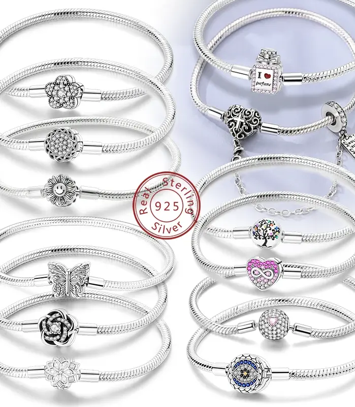 Pulseras de plata de ley 925 originales, 17-20CM, amor, corazón, flores, mariposa, dijes, pulsera de cuentas para mujer, regalo de joyería de moda 1