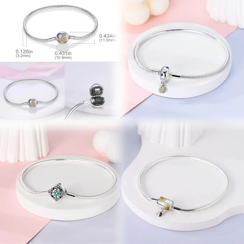 Pulsera de plata 925, pulseras originales, circonita colorida, corazón, flor, gato, cadena de serpiente para dijes DIY, regalos de joyería de lujo de 17-20CM 5